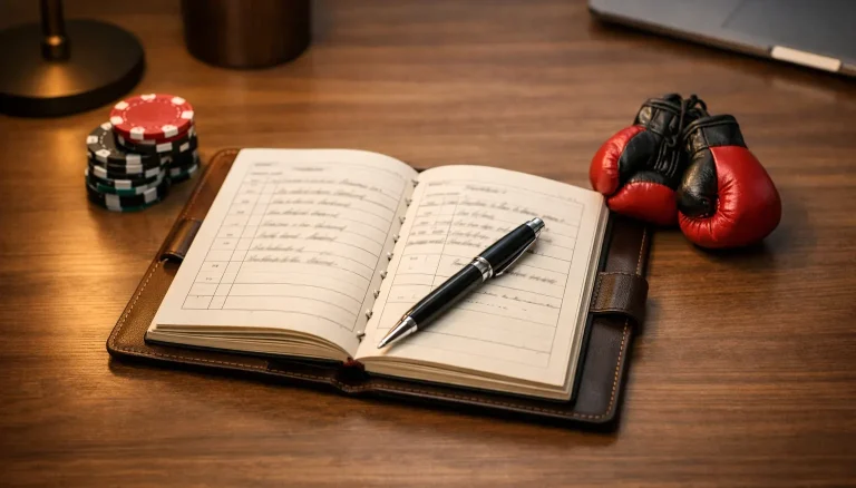Geordneter Schreibtisch mit Notizbuch und Stift für Wettplanung – Bankroll Management Boxen