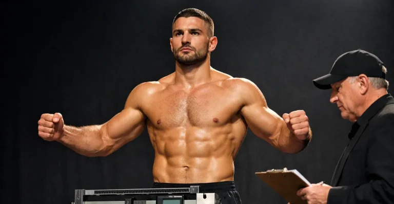 Boxer beim offiziellen Wiegen vor einem Titelkampf