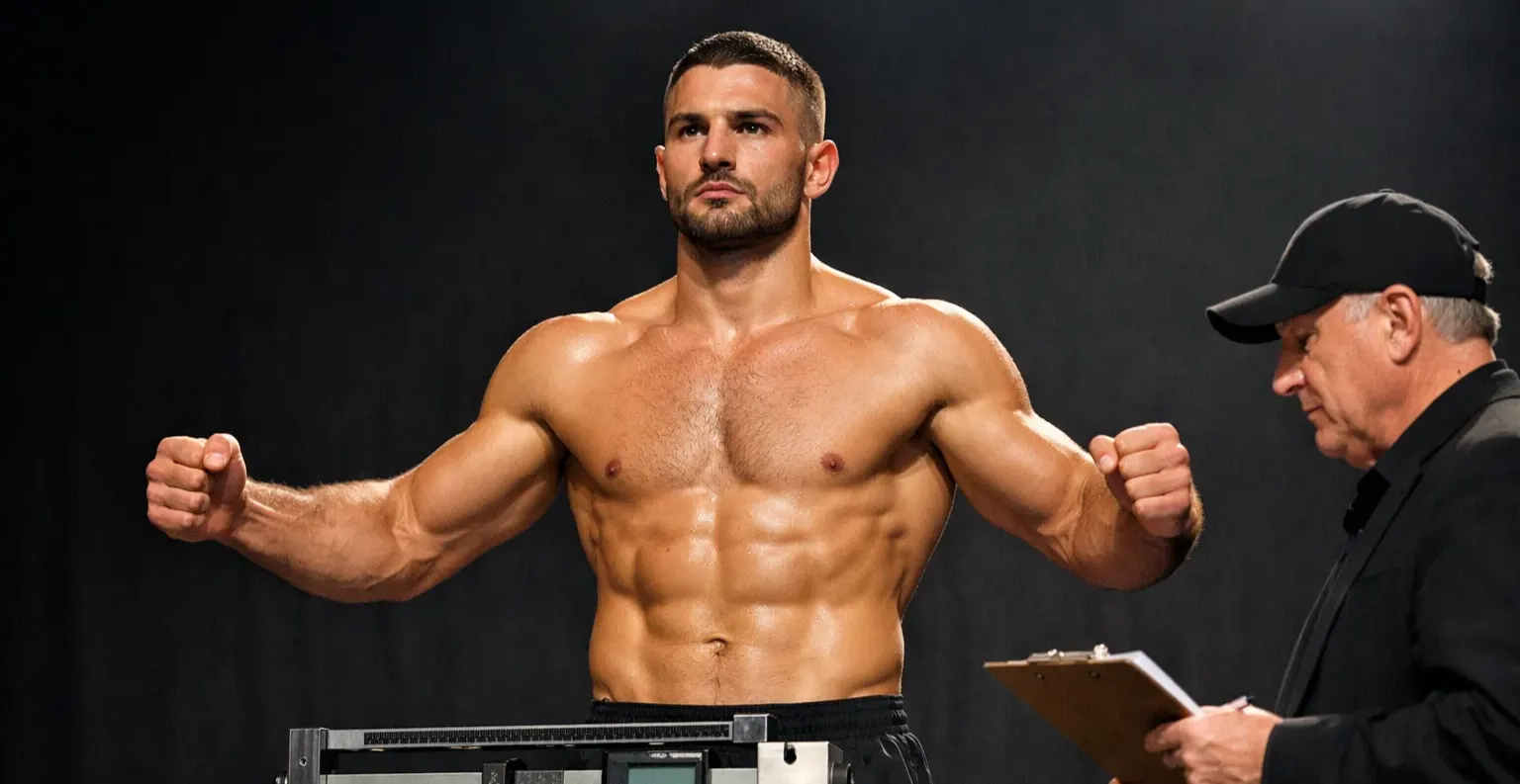 Boxer beim offiziellen Wiegen vor einem Titelkampf