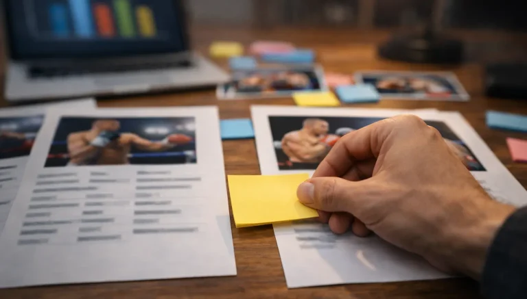 Schreibtisch mit Boxkampf-Statistiken und Analyseunterlagen – Boxen Kampfanalyse