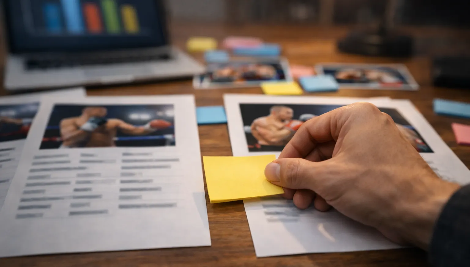 Schreibtisch mit Boxkampf-Statistiken und Analyseunterlagen – Boxen Kampfanalyse