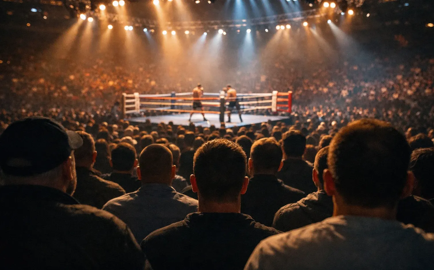 Zuschauer bei einem Boxkampf verfolgen den Kampf unter Flutlicht — Boxen Livewetten Atmosphäre