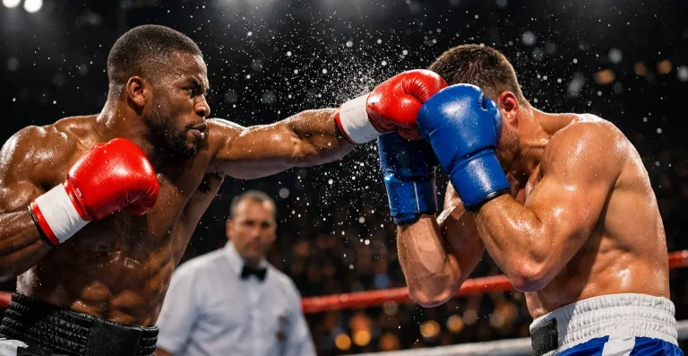 Zwei Boxer im Schlagabtausch während eines Kampfes unter Flutlicht
