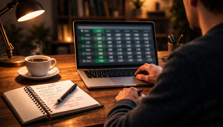 Person analysiert Boxen-Quoten auf einem Bildschirm mit Notizen