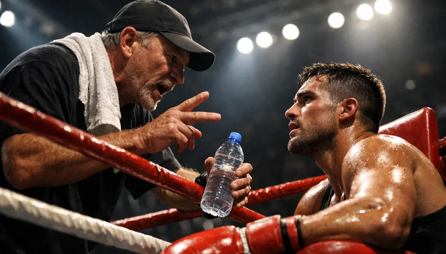 Boxtrainer gibt seinem Boxer Anweisungen in der Ringecke