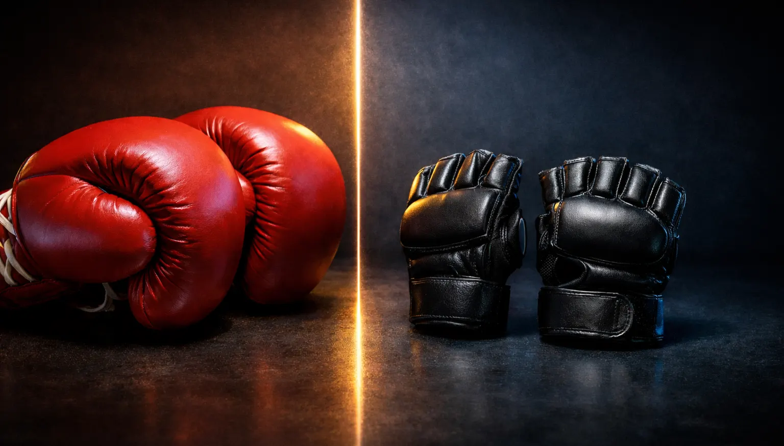 Boxhandschuhe neben MMA-Handschuhen – Boxen vs. MMA Wetten Vergleich