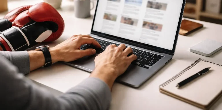 Laptop mit verschiedenen Wettanbieter-Seiten neben Boxhandschuhen – Wettanbieter Vergleich