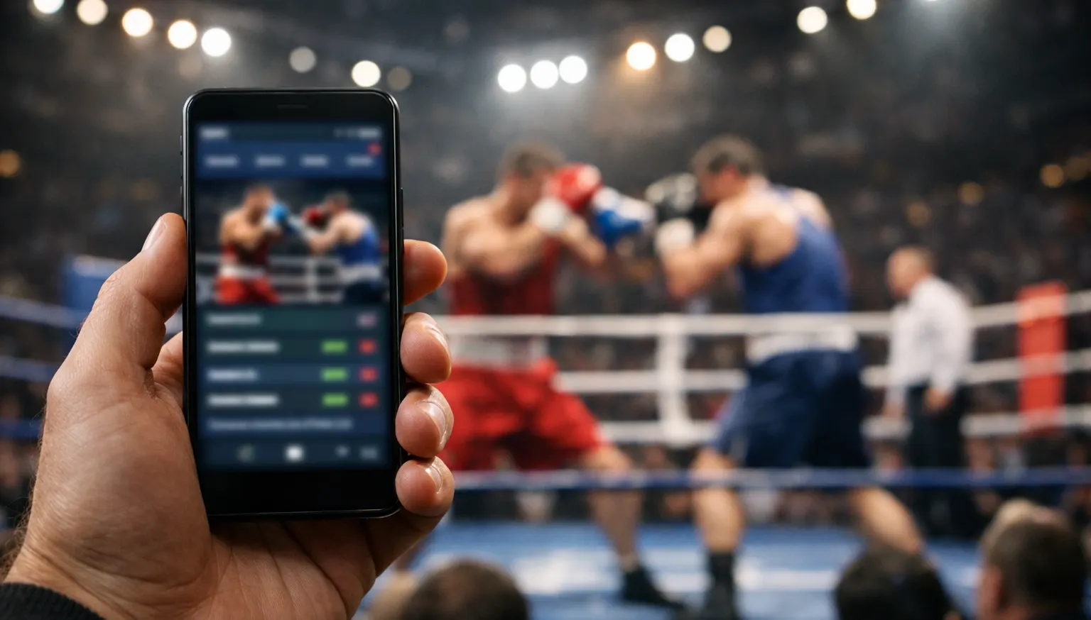 Smartphone mit Box-Wett-App in der Hand vor einem Boxring – Boxen Wetten App