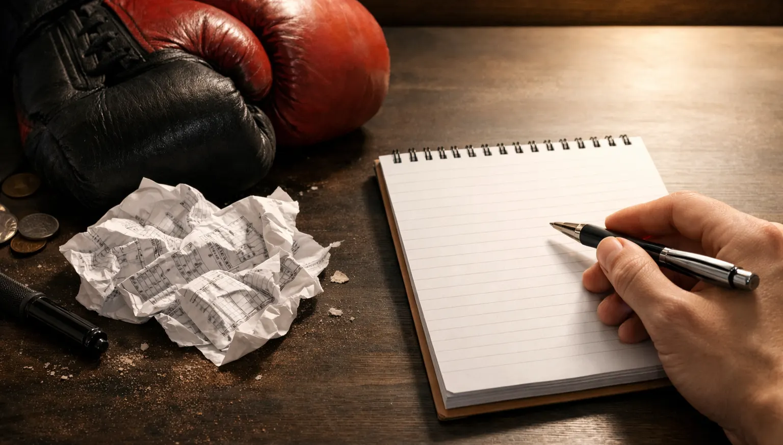 Zerknüllter Wettschein neben Boxhandschuhen – Boxen Wetten Fehler vermeiden