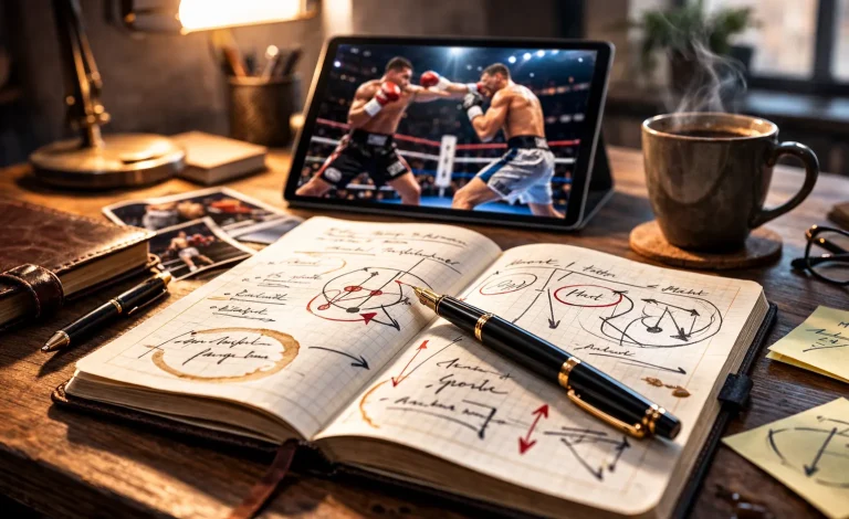 Notizbuch mit Boxkampf-Analyse und Stift – Boxen Wetten Tipps