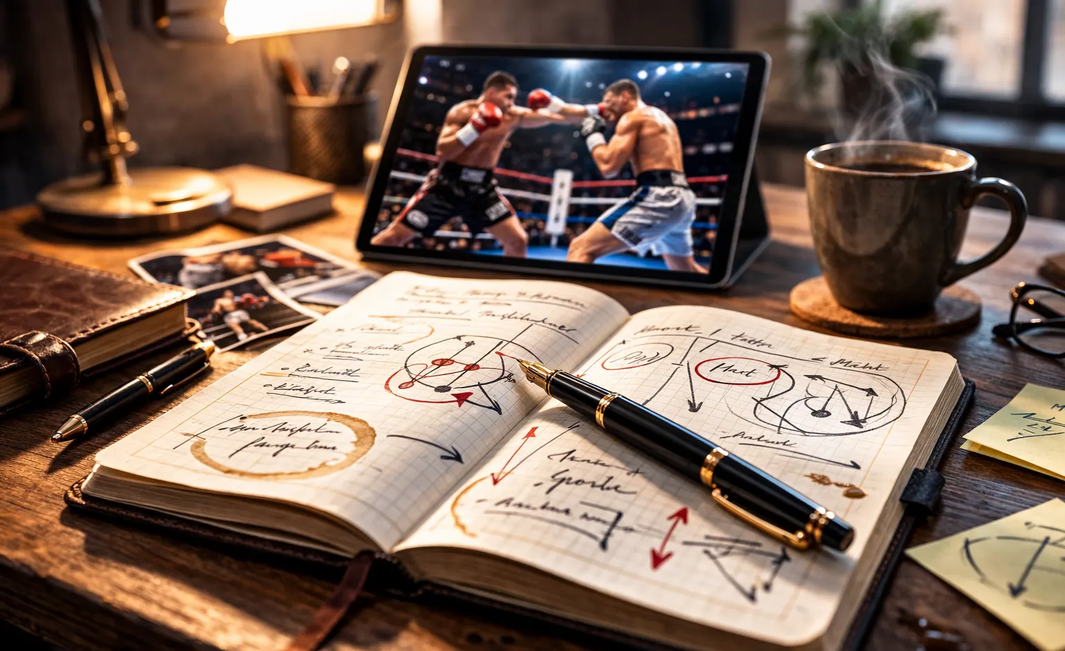 Notizbuch mit Boxkampf-Analyse und Stift – Boxen Wetten Tipps