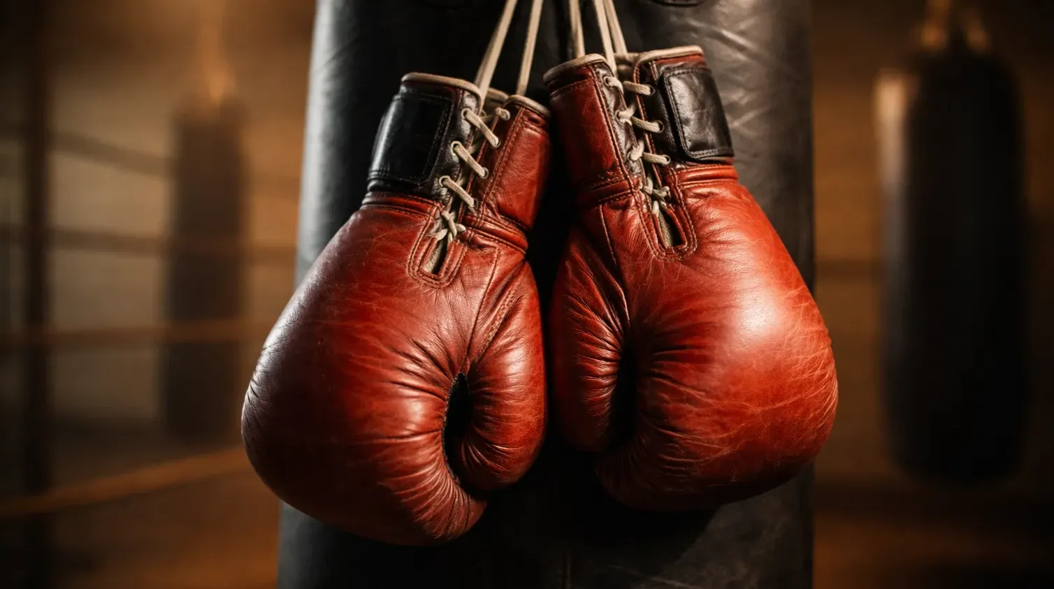 Rote Boxhandschuhe an einem Sandsack im Trainingsraum — Sportwetten Boxen Grundlagen