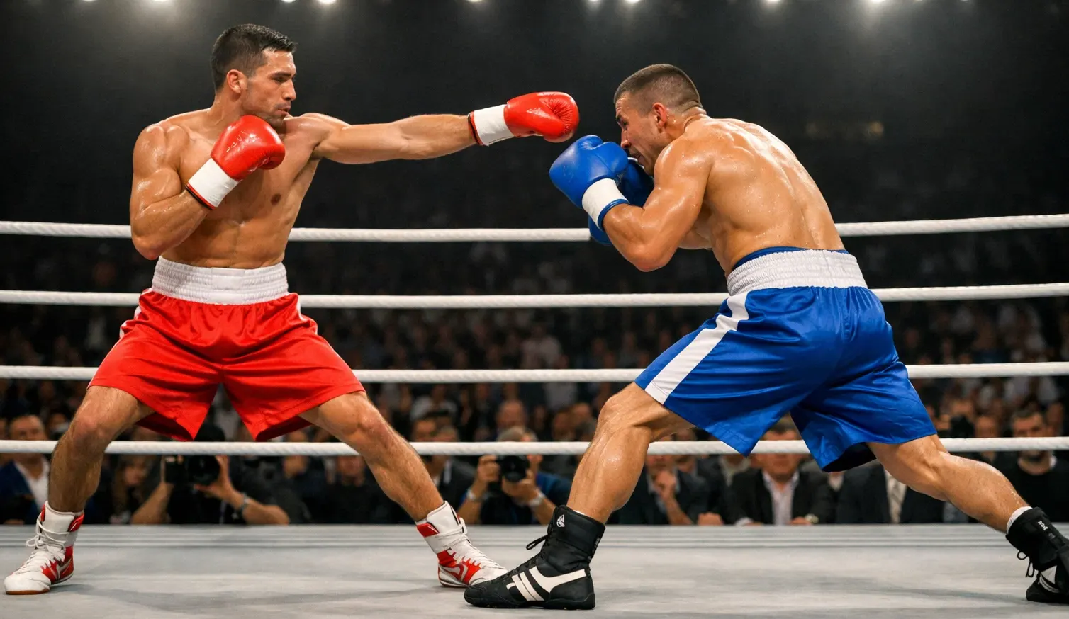 Zwei Boxer im Ring bei einem Profikampf — Out-Boxer kontrolliert die Distanz gegen Druckkämpfer