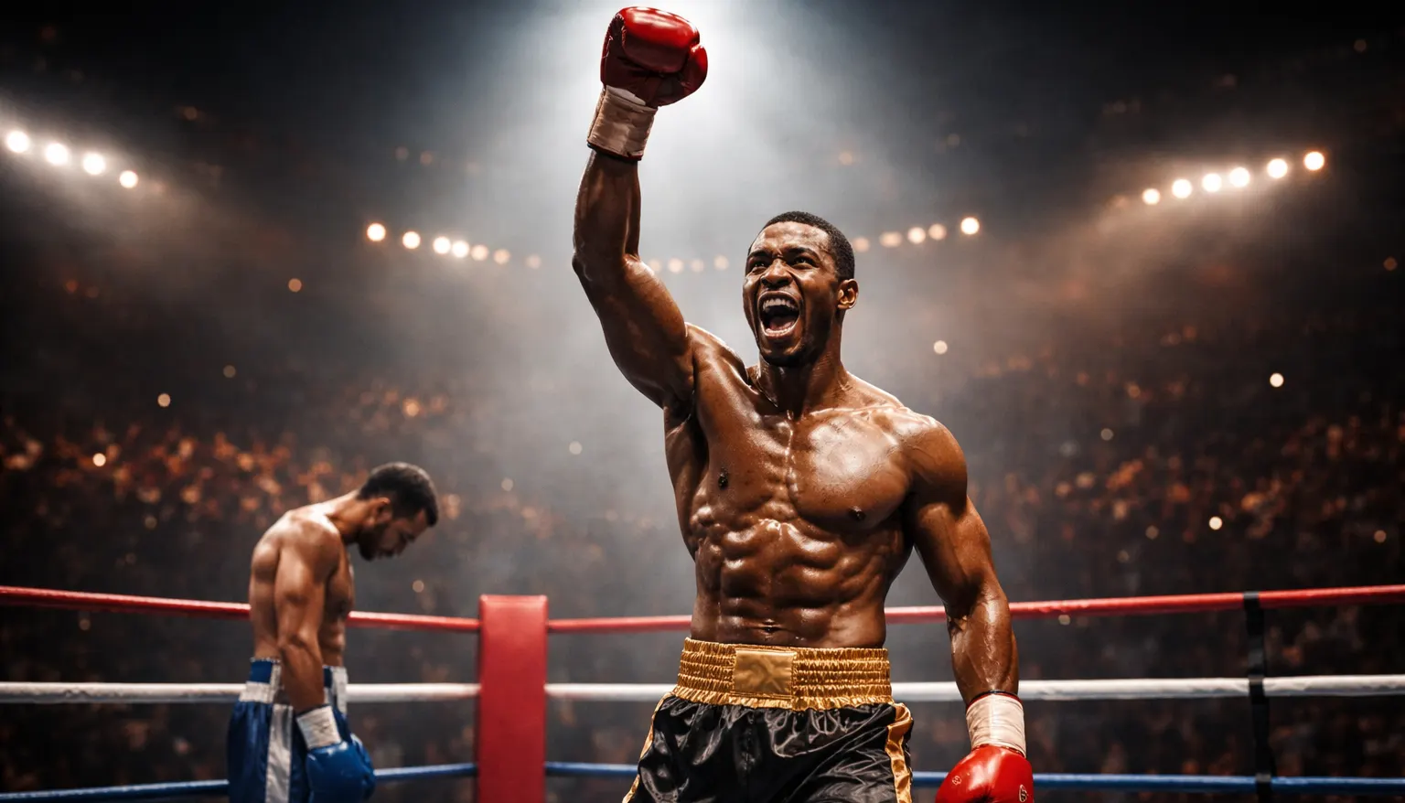 Boxer im Ring nach einem Sieg mit erhobener Faust – Siegerwette Boxen