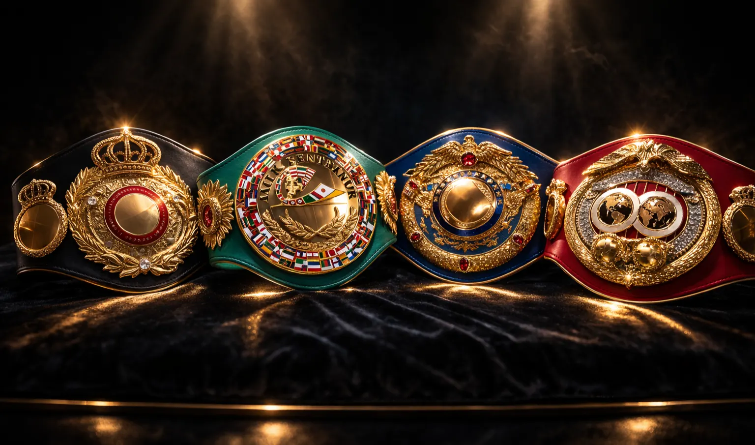 Mehrere Boxen-Championgürtel nebeneinander – WBA WBC IBF WBO Wetten